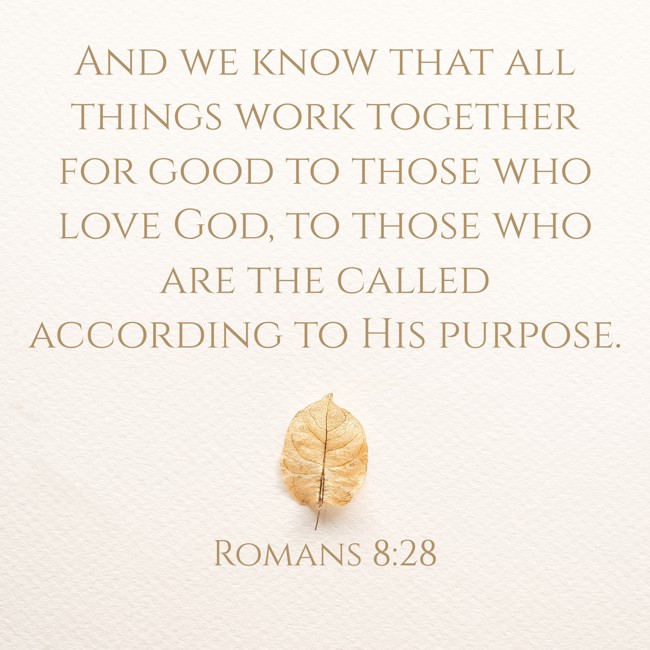 And we know that all things work together for good to those who love God, to those who are the called according to His purpose. - Romans 8:28