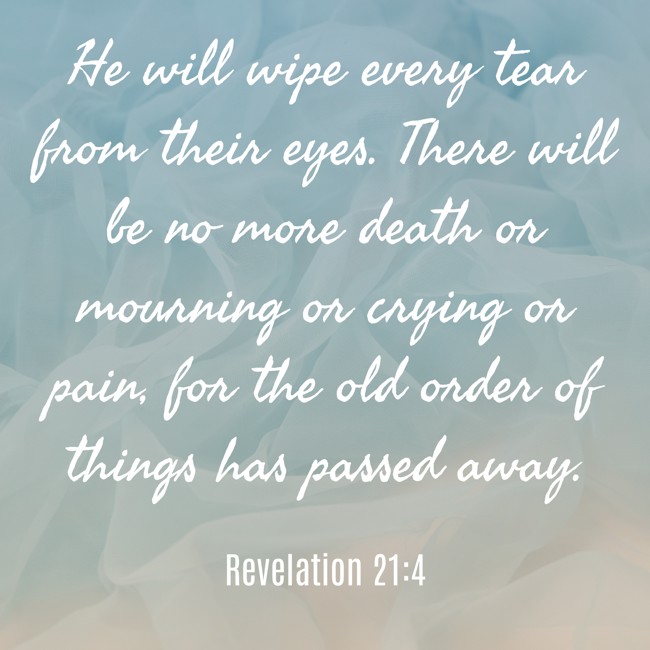 He will wipe every tear from their eyes. There will be no more death or mourning or crying or pain, for the old order of things has passed away. - Revelation 21:4