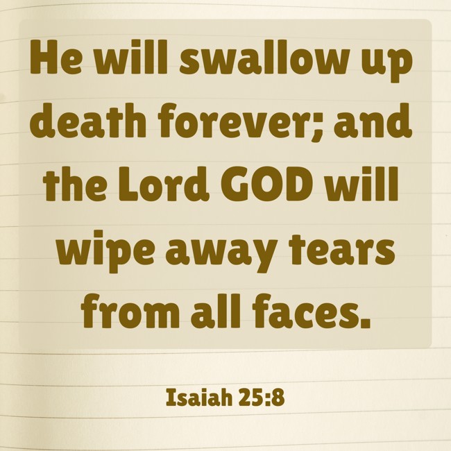 He will swallow up death forever; and the Lord GOD will wipe away tears from all faces. - Isaiah 25:8