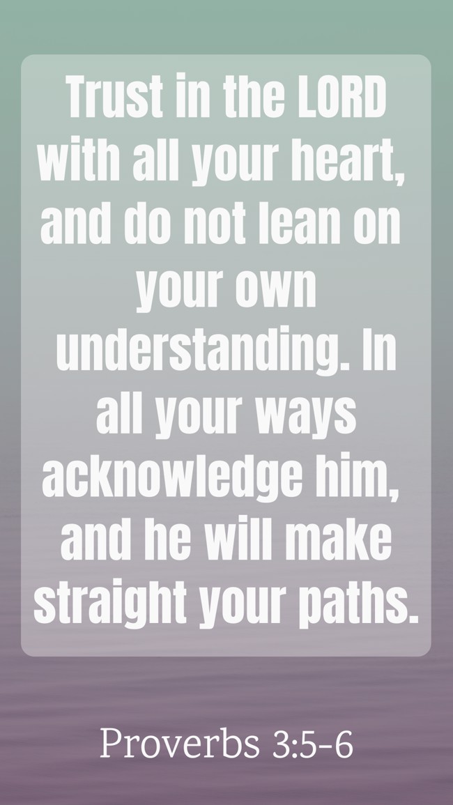 Trust in the LORD with all your heart, and do not lean on your own understanding. In all your ways acknowledge him, and he will make straight your paths. - Proverbs 3:5-6