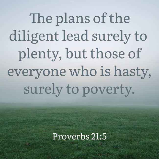 The plans of the diligent lead surely to plenty, but those of everyone who is hasty, surely to poverty. - Proverbs 21:5