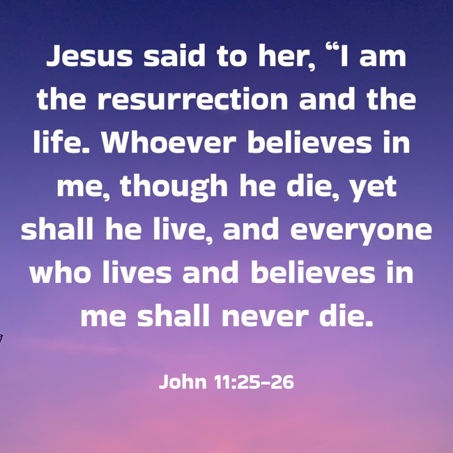 Jesus said to her, “I am the resurrection and the life. Whoever believes in me, though he die, yet shall he live, and everyone who lives and believes in me shall never die. - John 11:25-26