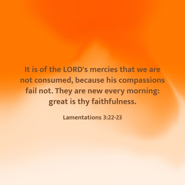 It is of the LORD's mercies that we are not consumed, because his compassions fail not. They are new every morning: great is thy faithfulness. - Lamentations 3:22-23