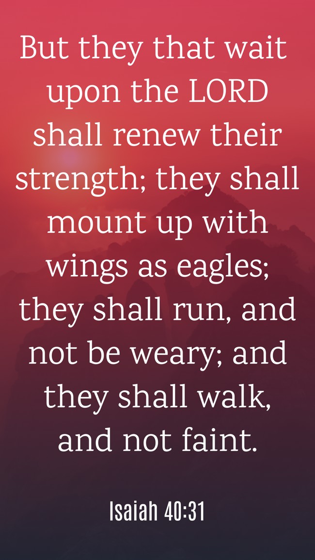 But they that wait upon the LORD shall renew their strength; they shall mount up with wings as eagles; they shall run, and not be weary; and they shall walk, and not faint. - Isaiah 40:31