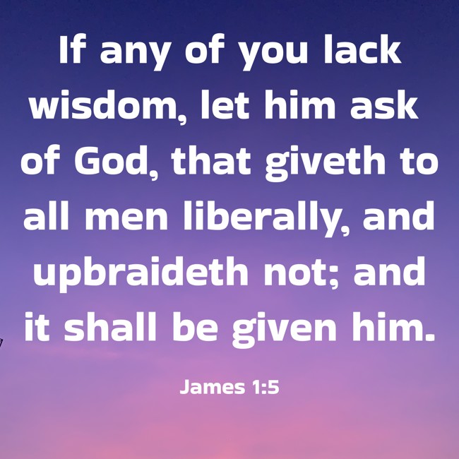 If any of you lack wisdom, let him ask of God, that giveth to all men liberally, and upbraideth not; and it shall be given him. - James 1:5
