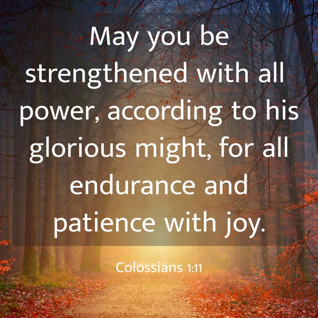 May you be strengthened with all power, according to his glorious might, for all endurance and patience with joy. - Colossians 1:11
