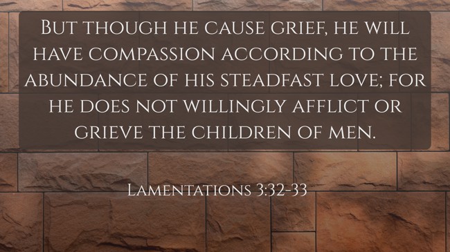 But though he cause grief, he will have compassion according to the abundance of his steadfast love; for he does not willingly afflict or grieve the children of men. - Lamentations 3:32-33