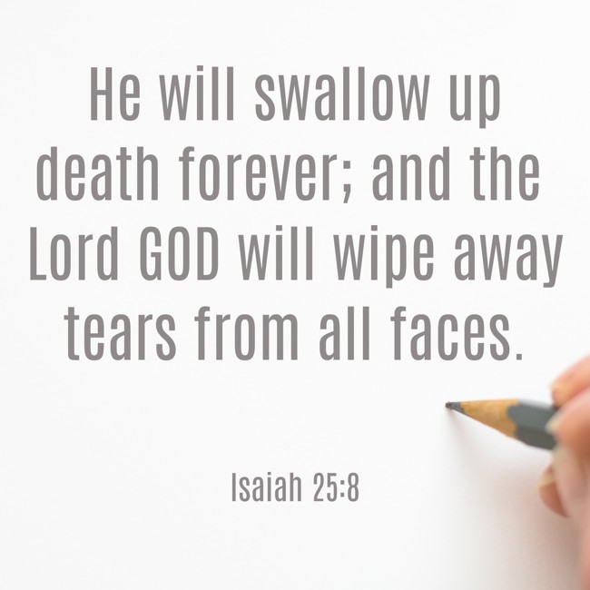 He will swallow up death forever; and the Lord GOD will wipe away tears from all faces. - Isaiah 25:8