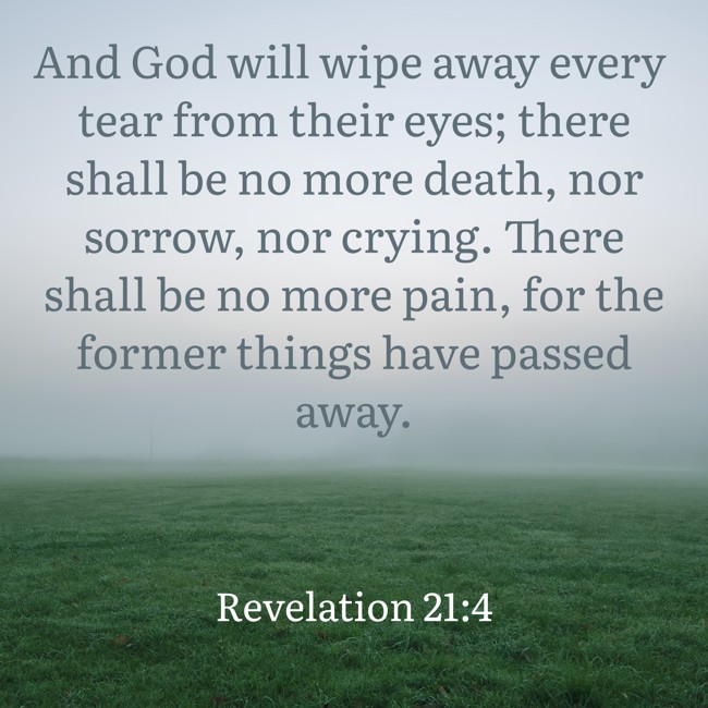 And God will wipe away every tear from their eyes; there shall be no more death, nor sorrow, nor crying. There shall be no more pain, for the former things have passed away. - Revelation 21:4