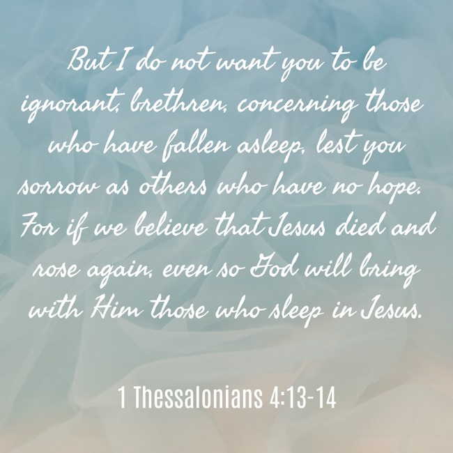 But I do not want you to be ignorant, brethren, concerning those who have fallen asleep, lest you sorrow as others who have no hope. For if we believe that Jesus died and rose again, even so God will bring with Him those who sleep in Jesus. - 1 Thessalonians 4:13-14