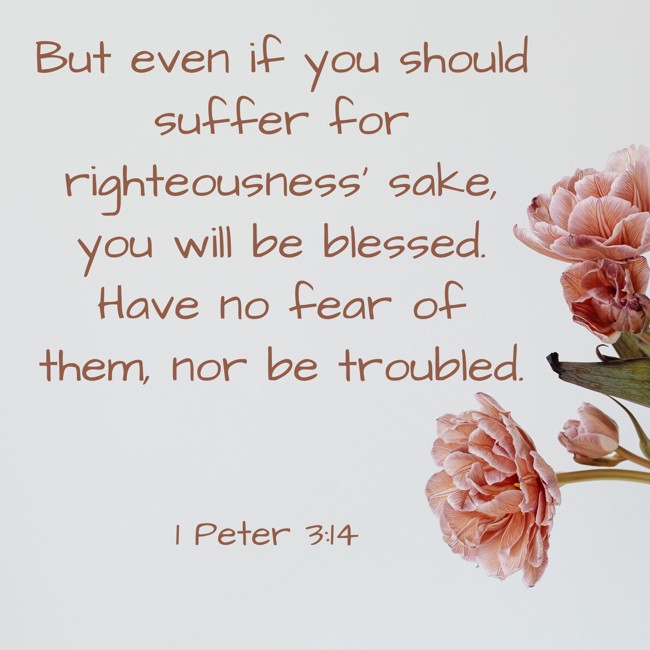 But even if you should suffer for righteousness' sake, you will be blessed. Have no fear of them, nor be troubled. - 1 Peter 3:14