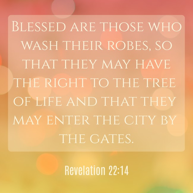 Blessed are those who wash their robes, so that they may have the right to the tree of life and that they may enter the city by the gates. - Revelation 22:14