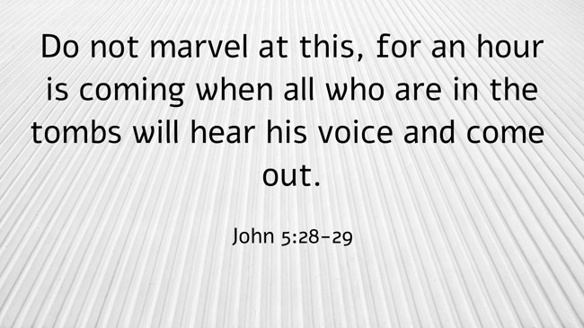 Do not marvel at this, for an hour is coming when all who are in the tombs will hear his voice and come out. - John 5:28-29