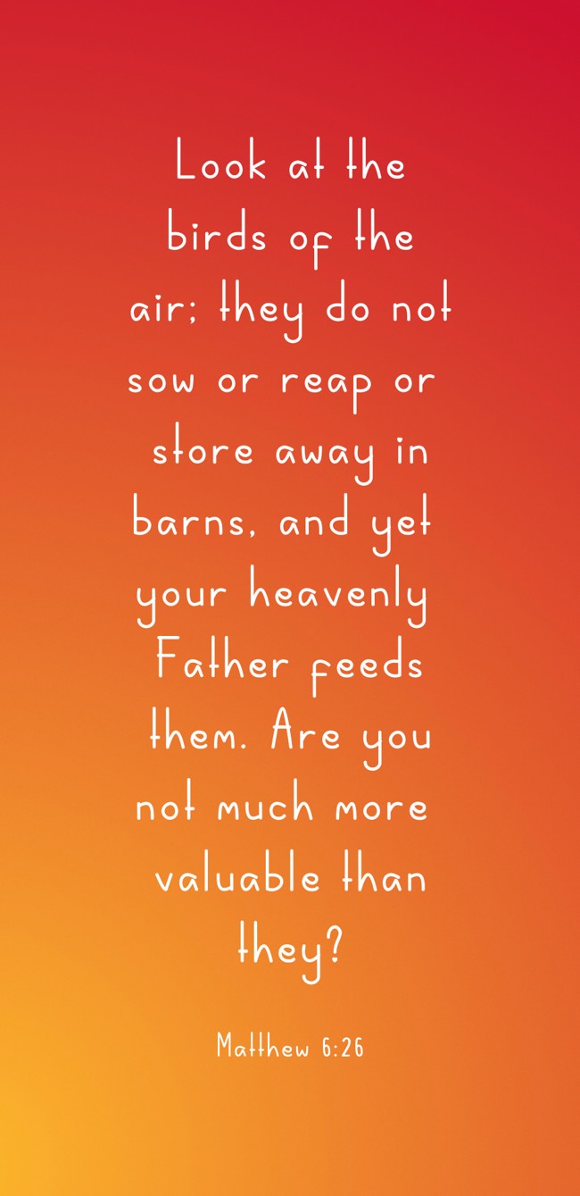 Look at the birds of the air; they do not sow or reap or store away in barns, and yet your heavenly Father feeds them. Are you not much more valuable than they? - Matthew 6:26