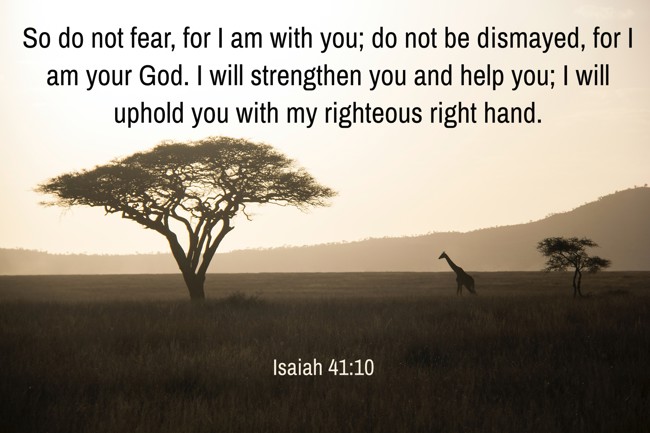 So do not fear, for I am with you; do not be dismayed, for I am your God. I will strengthen you and help you; I will uphold you with my righteous right hand. - Isaiah 41:10