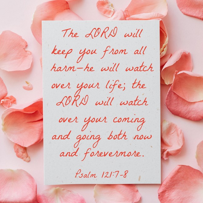 The LORD will keep you from all harm—he will watch over your life; the LORD will watch over your coming and going both now and forevermore. - Psalm 121:7-8