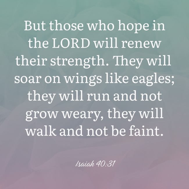 But those who hope in the LORD will renew their strength. They will soar on wings like eagles; they will run and not grow weary, they will walk and not be faint. - Isaiah 40:31