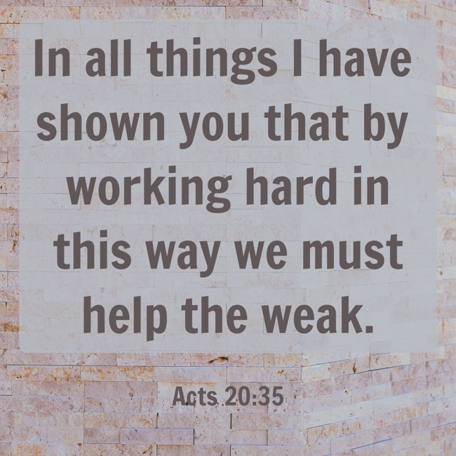 In all things I have shown you that by working hard in this way we must help the weak. - Acts 20:35
