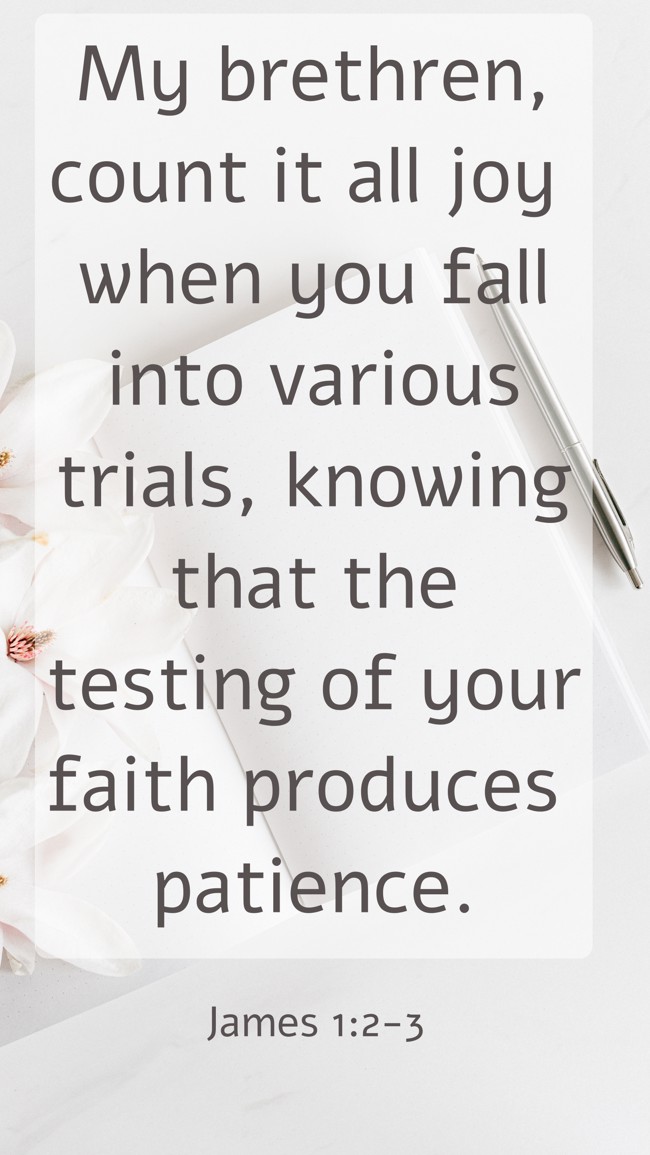 My brethren, count it all joy when you fall into various trials, knowing that the testing of your faith produces patience. - James 1:2-3