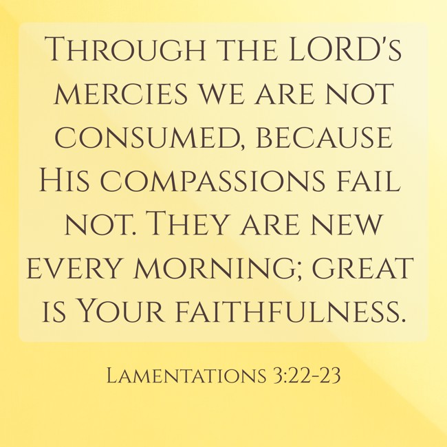 Through the LORD's mercies we are not consumed, because His compassions fail not. They are new every morning; great is Your faithfulness. - Lamentations 3:22-23