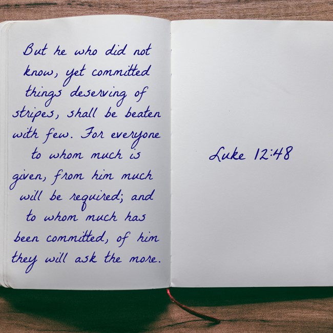 But he who did not know, yet committed things deserving of stripes, shall be beaten with few. For everyone to whom much is given, from him much will be required; and to whom much has been committed, of him they will ask the more. - Luke 12:48