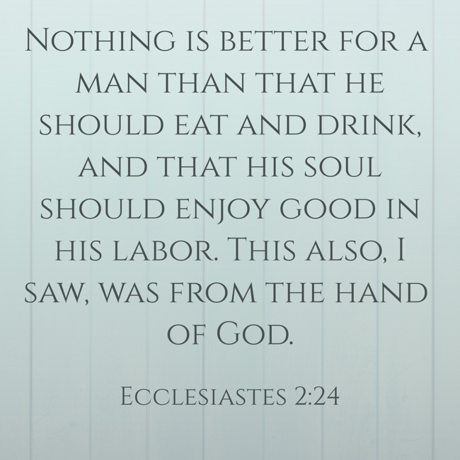 Nothing is better for a man than that he should eat and drink, and that his soul should enjoy good in his labor. This also, I saw, was from the hand of God. - Ecclesiastes 2:24