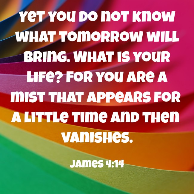 Yet you do not know what tomorrow will bring. What is your life? For you are a mist that appears for a little time and then vanishes. - James 4:14