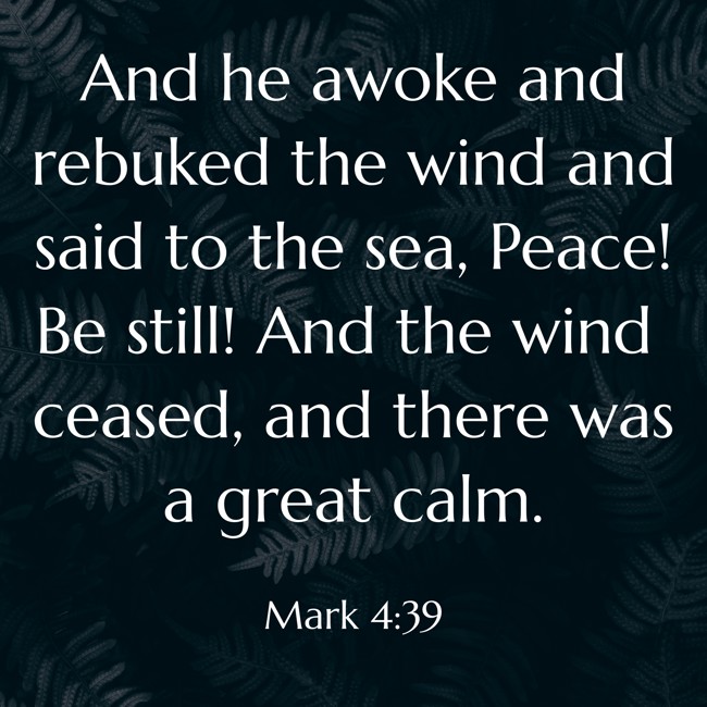 And he awoke and rebuked the wind and said to the sea, Peace! Be still! And the wind ceased, and there was a great calm. - Mark 4:39