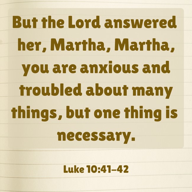 But the Lord answered her, Martha, Martha, you are anxious and troubled about many things, but one thing is necessary. - Luke 10:41-42