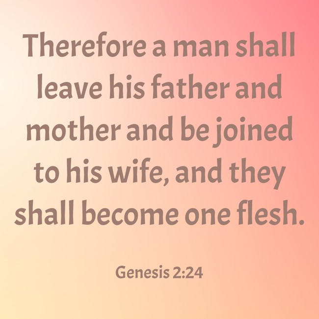 Therefore a man shall leave his father and mother and be joined to his wife, and they shall become one flesh. - Genesis 2:24
