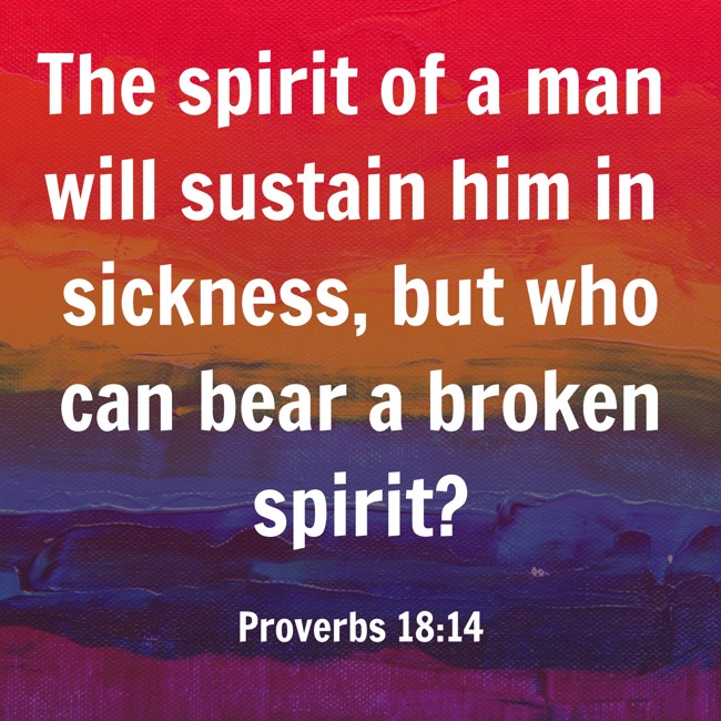  The spirit of a man will sustain him in sickness, but who can bear a broken spirit?   - Proverbs 18:14 
