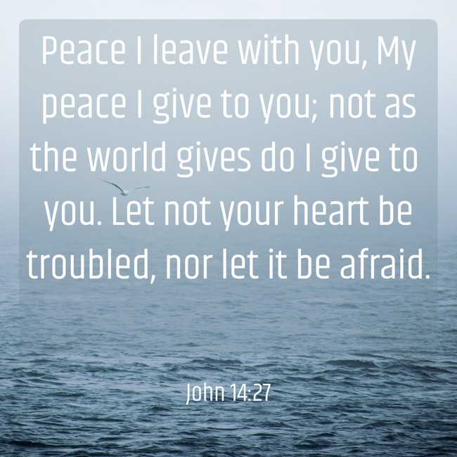  Peace I leave with you, My peace I give to you; not as the world gives do I give to you. Let not your heart be troubled, nor let it be afraid.   - John 14:27 
