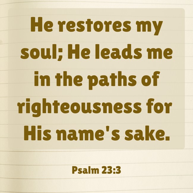  He restores my soul; He leads me in the paths of righteousness for His name's sake.   - Psalm 23:3 