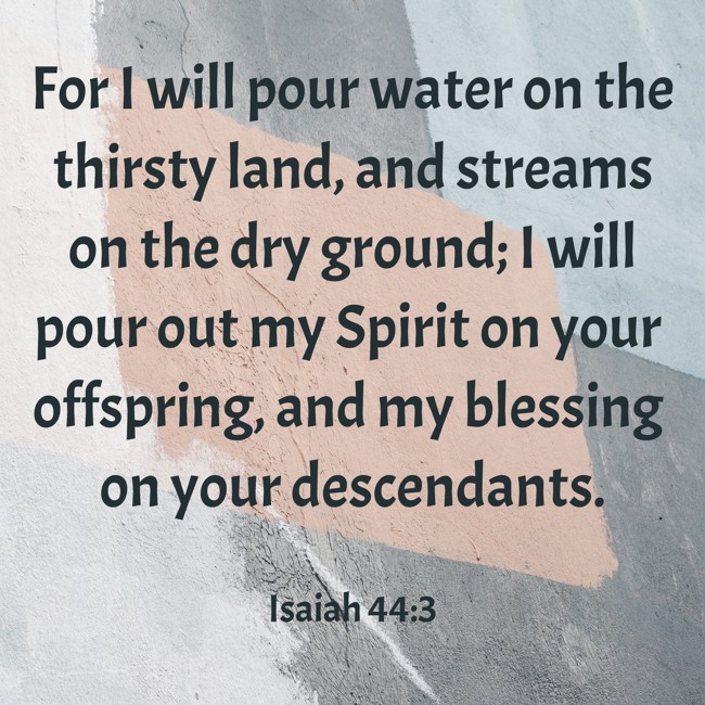 For I will pour water on the thirsty land, and streams on the dry ground; I will pour out my Spirit on your offspring, and my blessing on your descendants. - Isaiah 44:3
