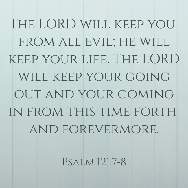 The LORD will keep you from all evil; he will keep your life. The LORD will keep your going out and your coming in from this time forth and forevermore. - Psalm 121:7-8