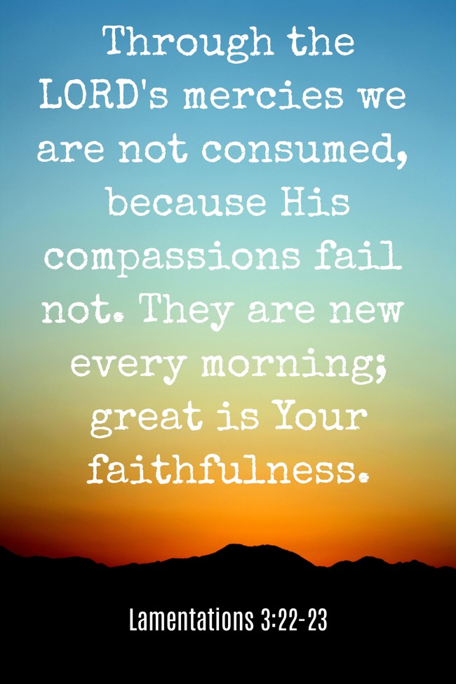  Through the LORD's mercies we are not consumed, because His compassions fail not. They are new every morning; great is Your faithfulness.   - Lamentations 3:22-23 