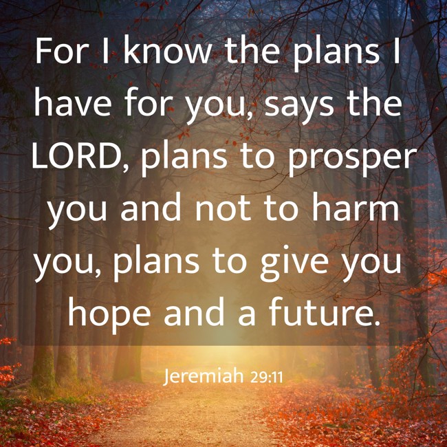  For I know the plans I have for you, says the LORD, plans to prosper you and not to harm you, plans to give you hope and a future.   - Jeremiah 29:11 