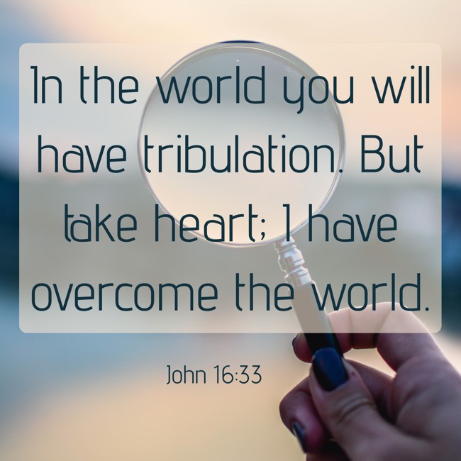 In the world you will have tribulation. But take heart; I have overcome the world. - John 16:33