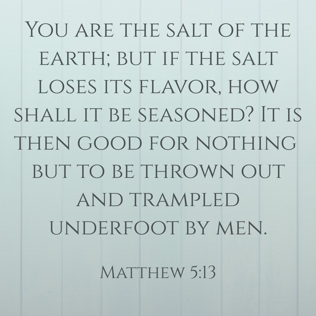 You are the salt of the earth; but if the salt loses its flavor, how shall it be seasoned? It is then good for nothing but to be thrown out and trampled underfoot by men. - Matthew 5:13