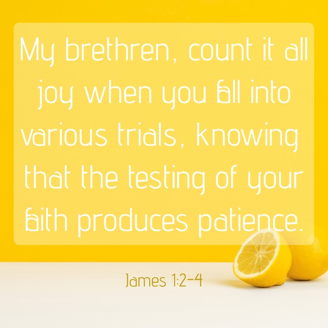 My brethren, count it all joy when you fall into various trials, knowing that the testing of your faith produces patience. - James 1:2-4