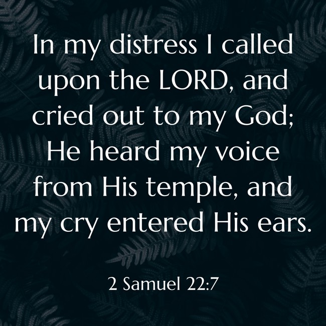 In my distress I called upon the LORD, and cried out to my God; He heard my voice from His temple, and my cry entered His ears. - 2 Samuel 22:7