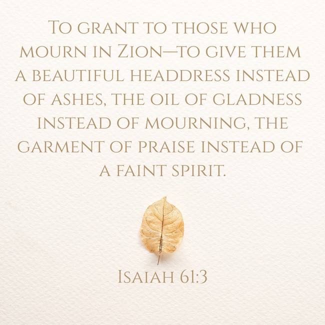  To grant to those who mourn in Zion—to give them a beautiful headdress instead of ashes, the oil of gladness instead of mourning, the garment of praise instead of a faint spirit.   - Isaiah 61:3 