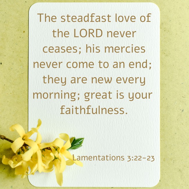  The steadfast love of the LORD never ceases; his mercies never come to an end; they are new every morning; great is your faithfulness.   - Lamentations 3:22-23 
