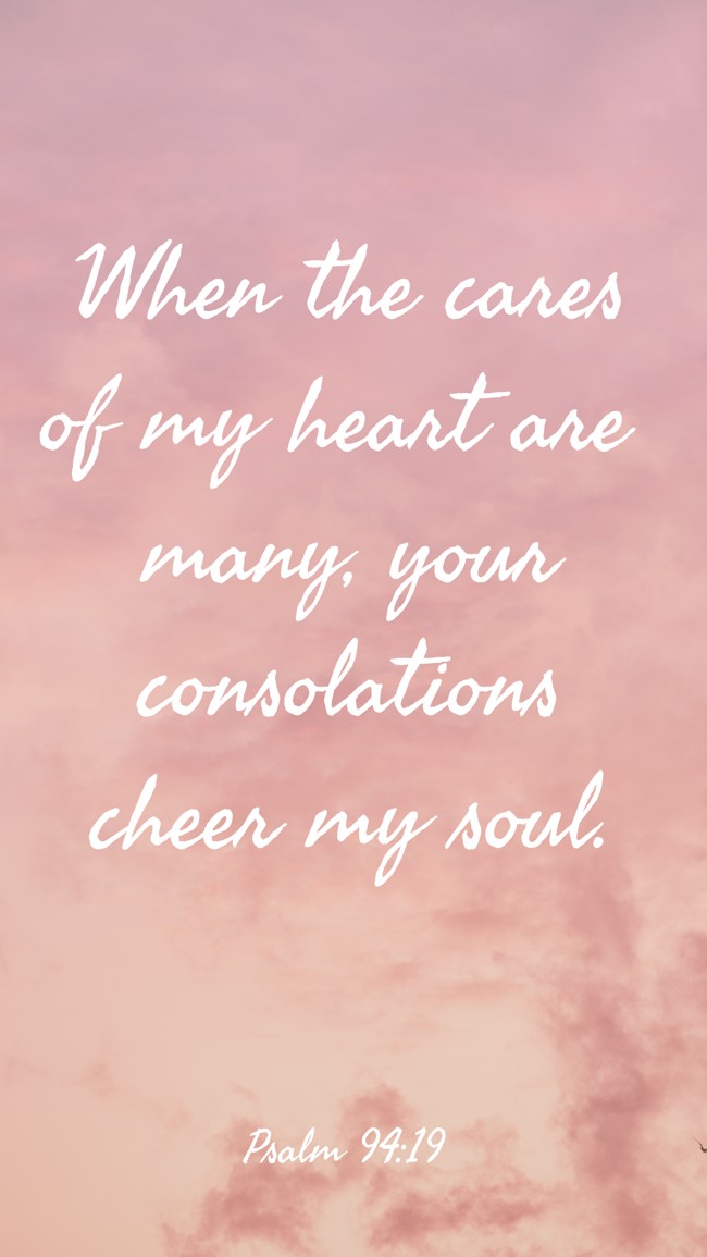  When the cares of my heart are many, your consolations cheer my soul.   - Psalm 94:19 