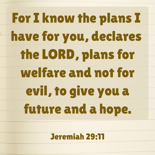 For I know the plans I have for you, declares the LORD, plans for welfare and not for evil, to give you a future and a hope.   - Jeremiah 29:11 