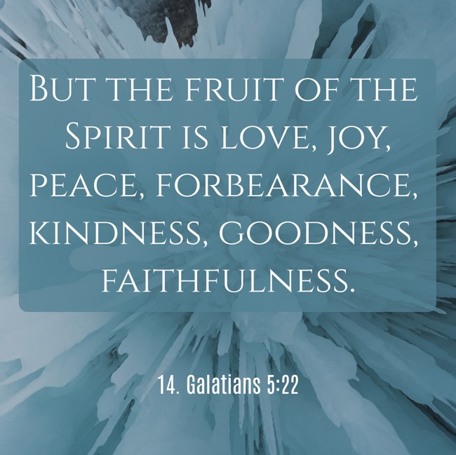 But the fruit of the Spirit is love, joy, peace, forbearance, kindness, goodness, faithfulness. - 14. Galatians 5:22