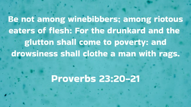 Be not among winebibbers; among riotous eaters of flesh: For the drunkard and the glutton shall come to poverty: and drowsiness shall clothe a man with rags. - Proverbs 23:20-21