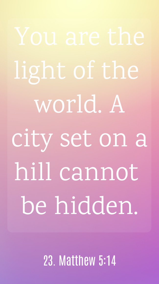 You are the light of the world. A city set on a hill cannot be hidden. - 23. Matthew 5:14