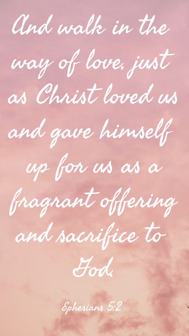 And walk in the way of love, just as Christ loved us and gave himself up for us as a fragrant offering and sacrifice to God. - Ephesians 5:2