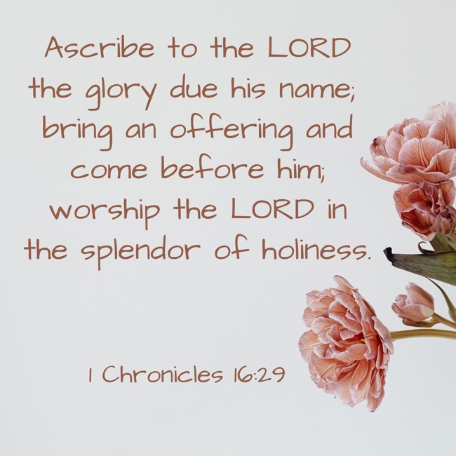 Ascribe to the LORD the glory due his name; bring an offering and come before him; worship the LORD in the splendor of holiness. - 1 Chronicles 16:29